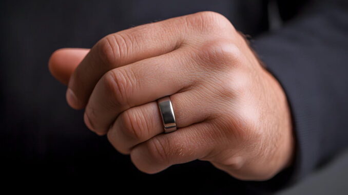 Une main d'homme fermée portant une alliance ou une bague en acier inoxydable argenté au doigt.