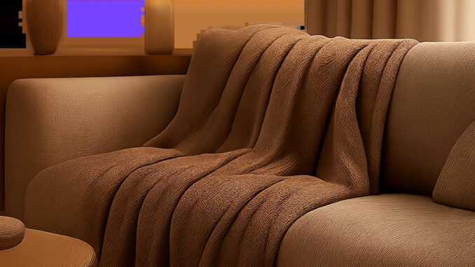 Un plaid chauffant élégant posé sur un canapé dans une ambiance chaleureuse et moderne. L’image évoque le confort thermique, la détente à la maison et l’univers premium de Thermalia.