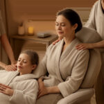 Une scène de bien-être à la maison inspirée de l’univers spa, avec une ambiance douce et premium. L’image illustre un moment de détente partagé autour d’un massage relaxation simple et rassurant.