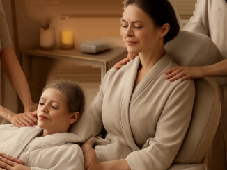 Une scène de bien-être à la maison inspirée de l’univers spa, avec une ambiance douce et premium. L’image illustre un moment de détente partagé autour d’un massage relaxation simple et rassurant.