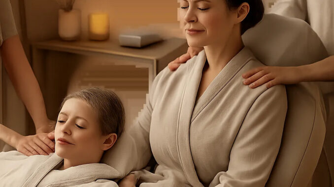 Une scène de bien-être à la maison inspirée de l’univers spa, avec une ambiance douce et premium. L’image illustre un moment de détente partagé autour d’un massage relaxation simple et rassurant.