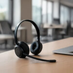 Un casque premium posé sur un bureau moderne, dans une ambiance d’open space apaisée. L’image illustre le focus, le confort et la maîtrise du bruit au quotidien.