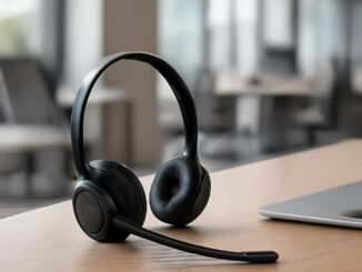 Un casque premium posé sur un bureau moderne, dans une ambiance d’open space apaisée. L’image illustre le focus, le confort et la maîtrise du bruit au quotidien.