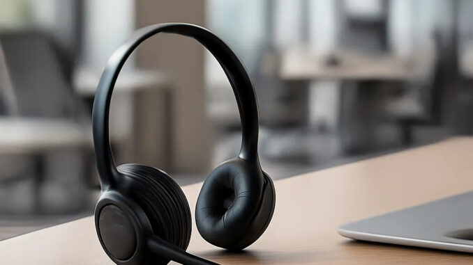 Un casque premium posé sur un bureau moderne, dans une ambiance d’open space apaisée. L’image illustre le focus, le confort et la maîtrise du bruit au quotidien.