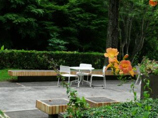 A patio with a table, chairs and flowers