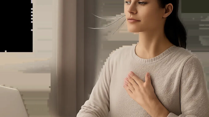 Une illustration apaisante autour de la cohérence cardiaque et de la récupération active. Elle évoque une pause respiratoire simple pour réduire la tension et retrouver de l’énergie.